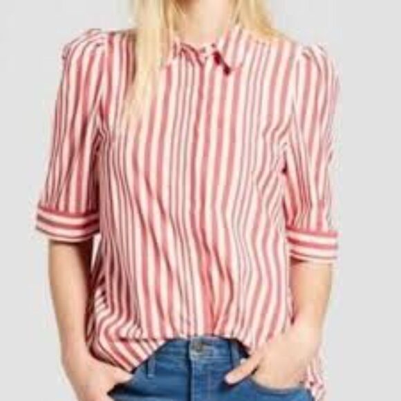 WHO WHAT WEAR red white stripe collared puff sleeve hidden buttons hi-lo hem LG - Picture 1 of 11